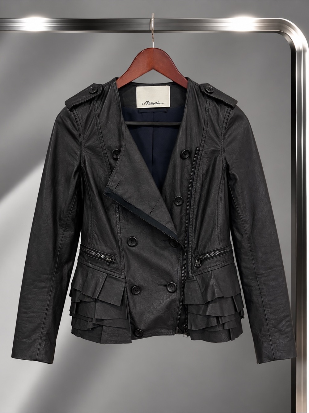 3.1 Phillip Lim Lambskin Leather Tiered Ruffle Hem Moto Jacket Silk Lined Y2K